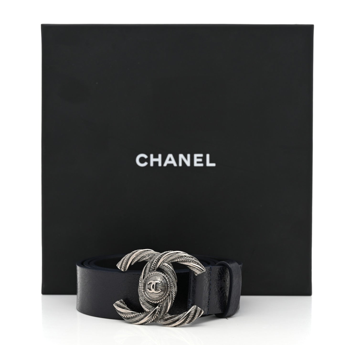 Glazed Calfskin CC Belt 85 34 Dark Navy