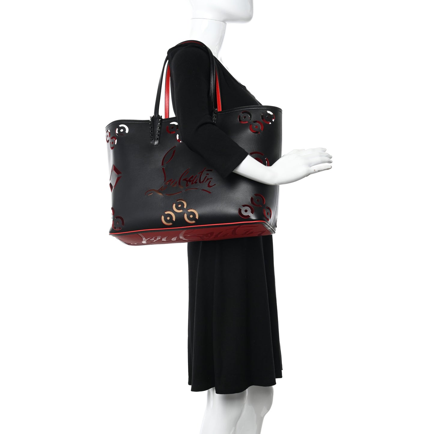 Calfskin Loubinthesky Perforated Cabarock Spikes Tote Black