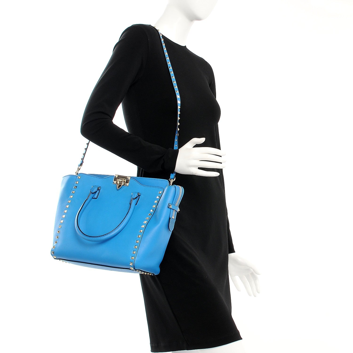 Valentino Garavani Vitello Rockstud Double Handle Tote Blue Fluo 2 of 9