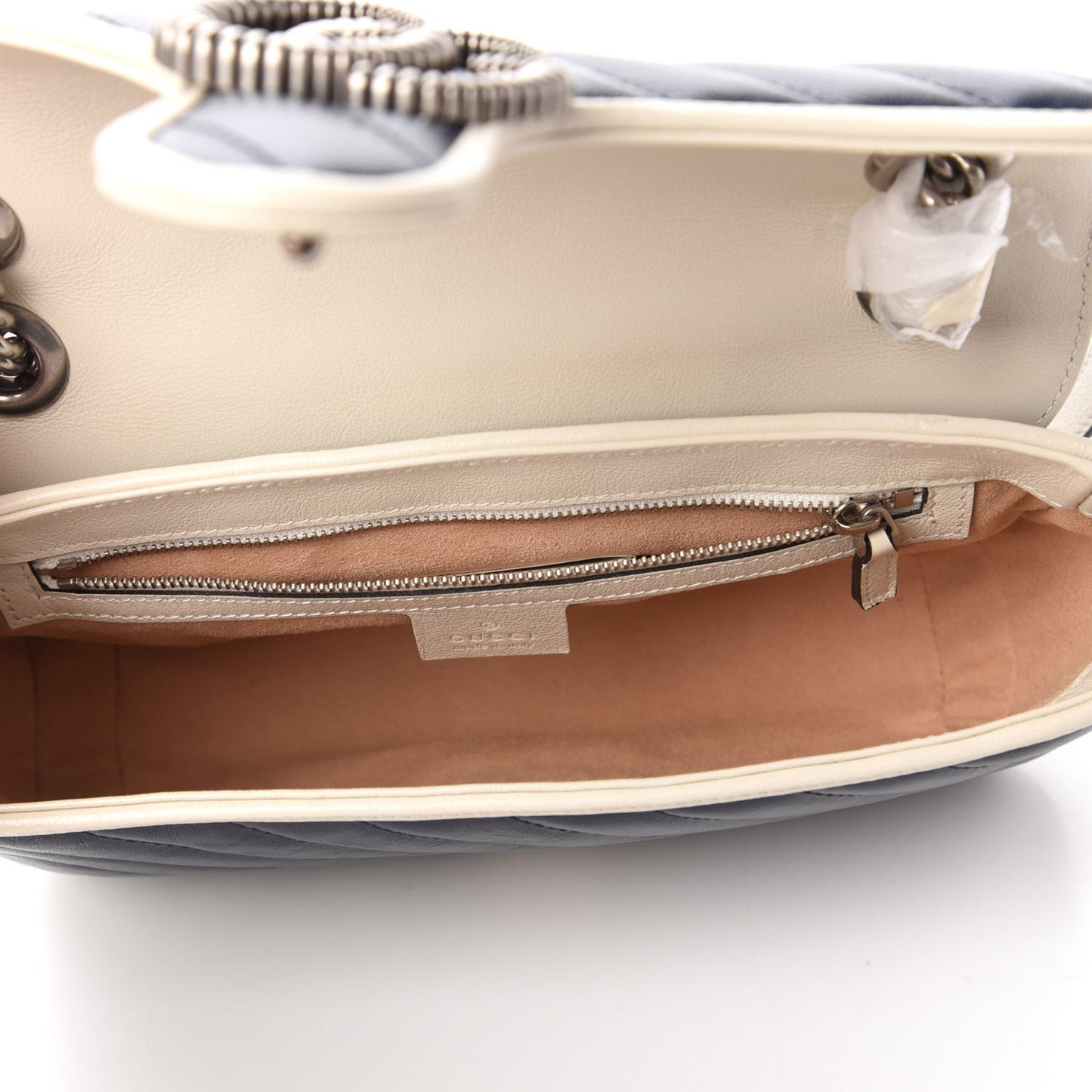 Vintage Effect Calfskin Matelasse Diagonal Small Torchon GG Marmont Shoulder Bag Blue Agata Mystic White
