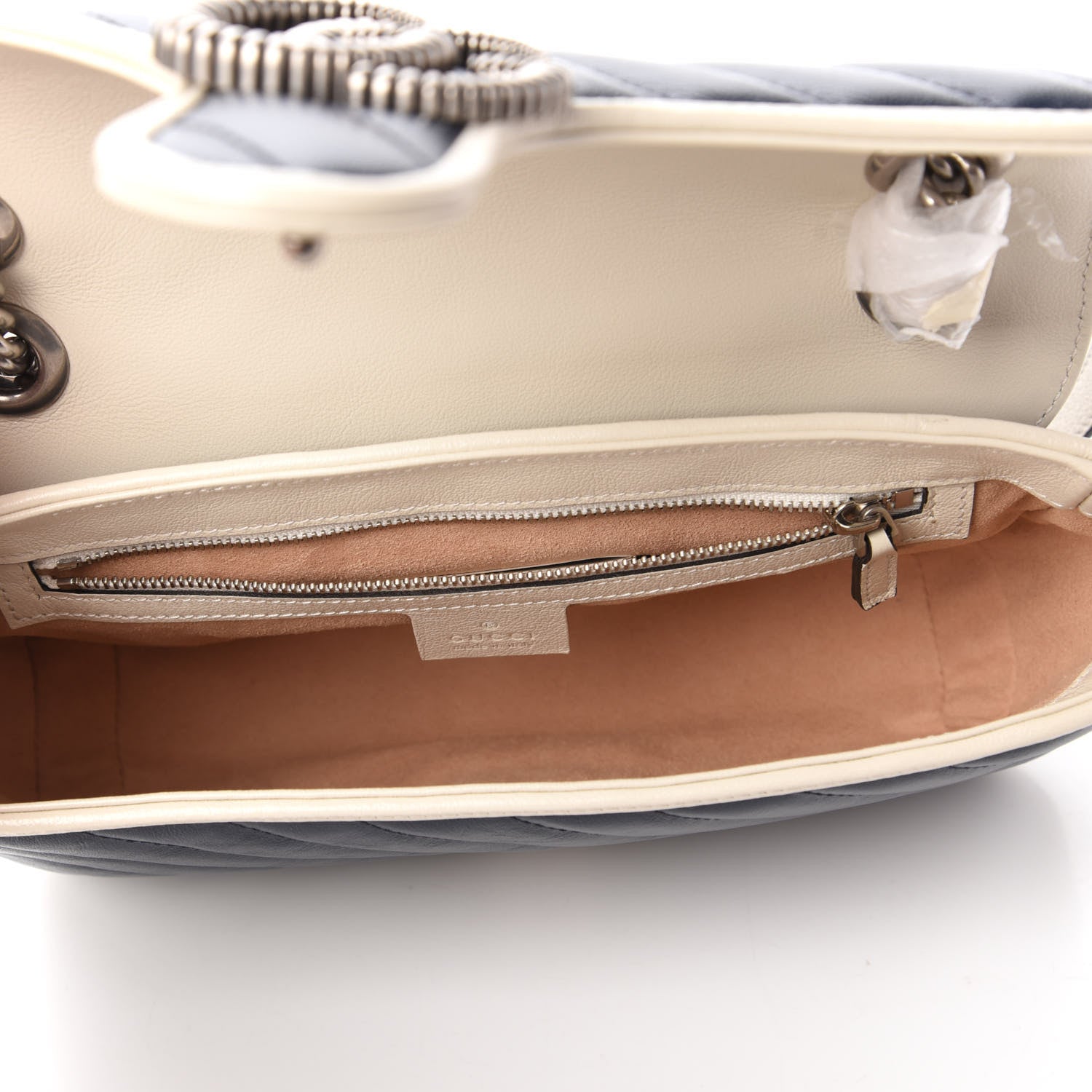 Gucci Vintage Effect Calfskin Matelasse Diagonal Small Torchon GG Marmont Shoulder Bag Blue Agata Mystic White 6 of 11