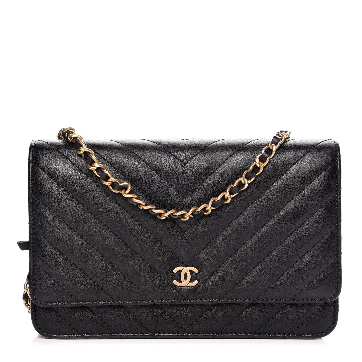 Crumpled Calfskin Chevron Quilted Wallet On Chain WOC Black
