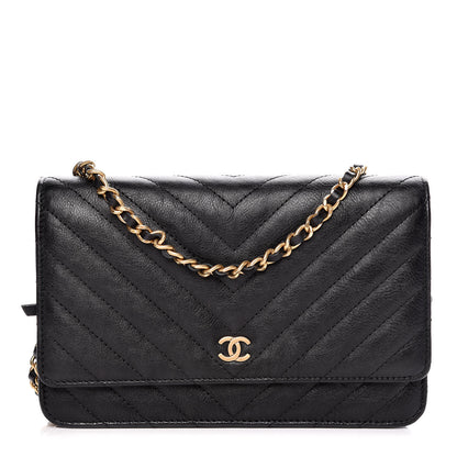Chanel Crumpled Calfskin Chevron Quilted Wallet On Chain WOC Black 1 of 13