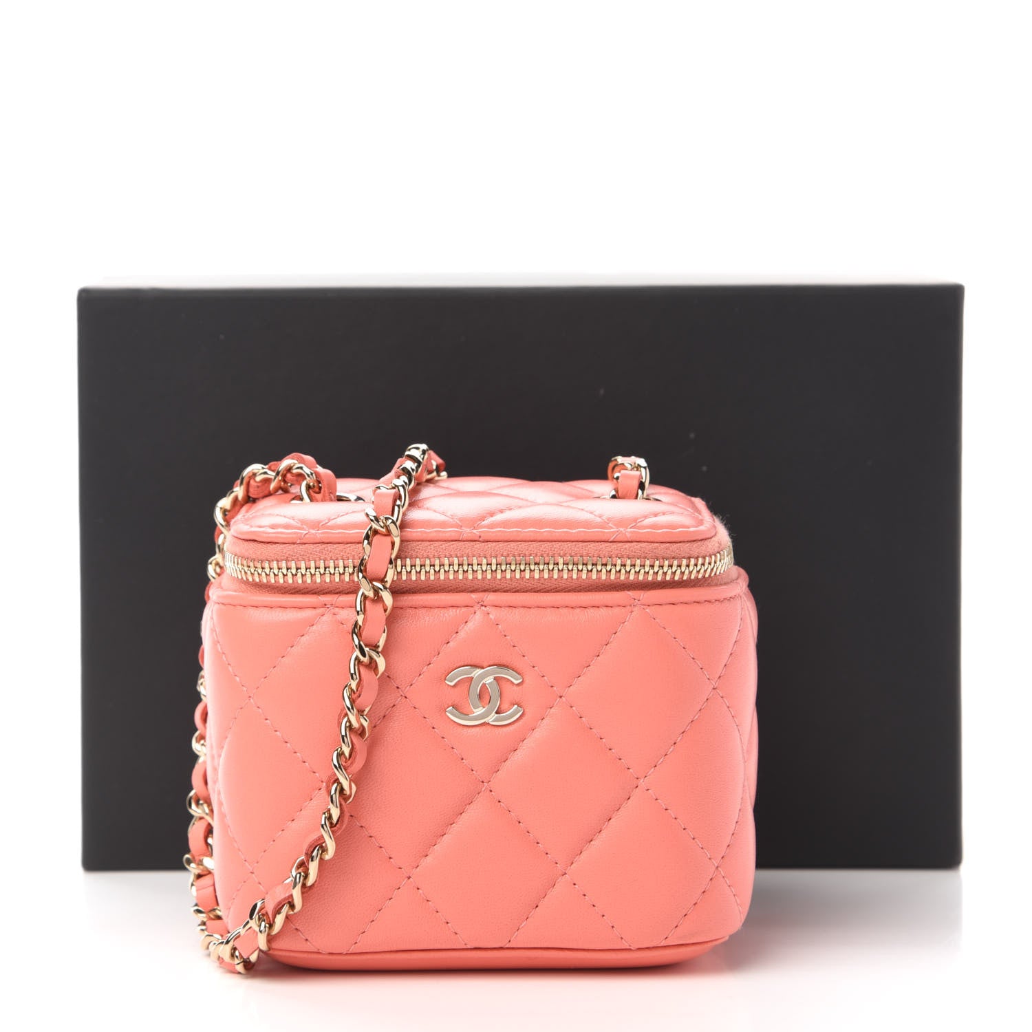 Chanel Lambskin Quilted Mini Vanity Case With Chain Coral 11 of 11