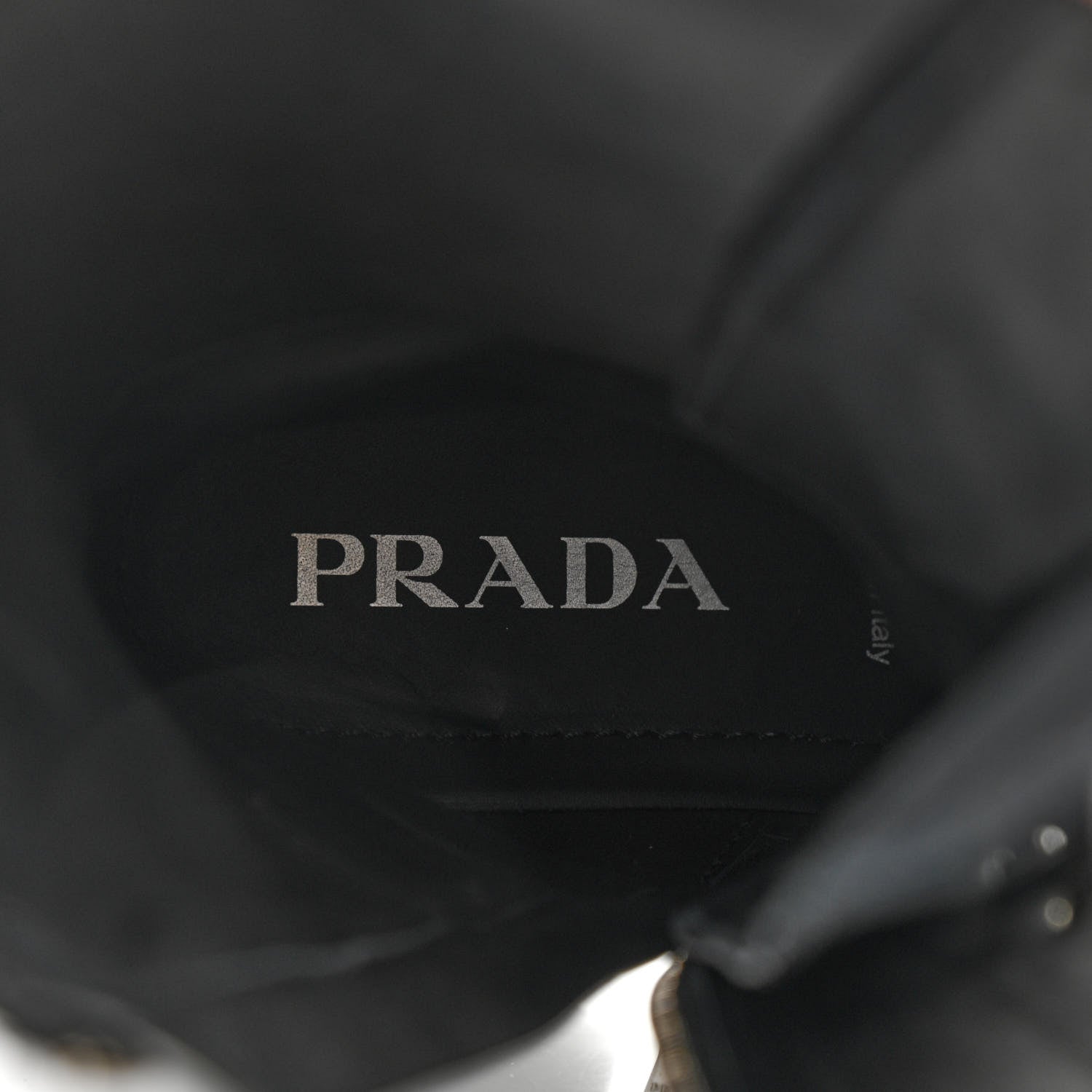 Prada Vitello Lux Nylon Metal Triangle Logo Monolith Pouch Pocket 55mm Tall Combat Boots 39.5 Black 7 of 12
