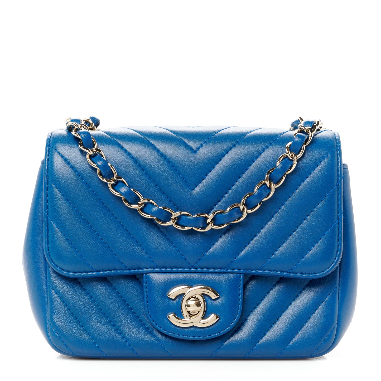 Lambskin Chevron Quilted Mini Square Flap Blue