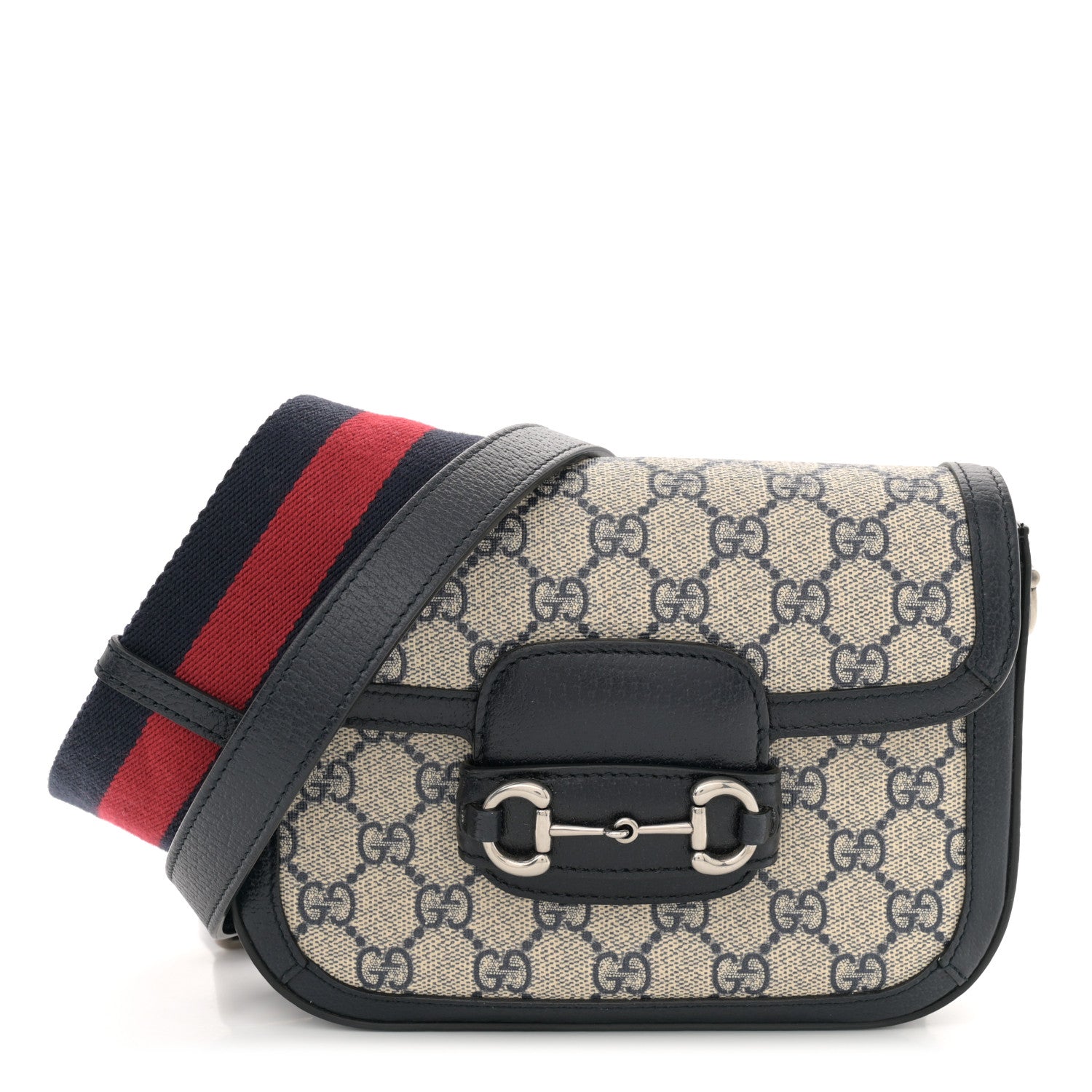 Gucci GG Supreme Monogram Textured Dollar Calfskin Web Mini Horsebit 1955 Shoulder Bag Beige Blue 1 of 11