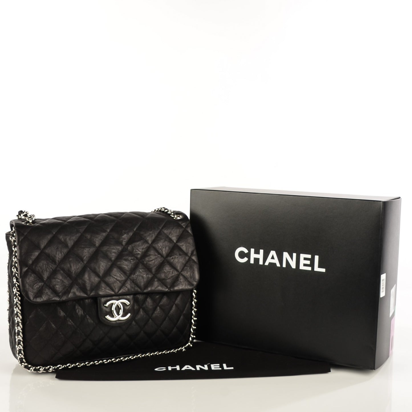Crumpled Lambskin Chain Around Maxi Flap Bag Black