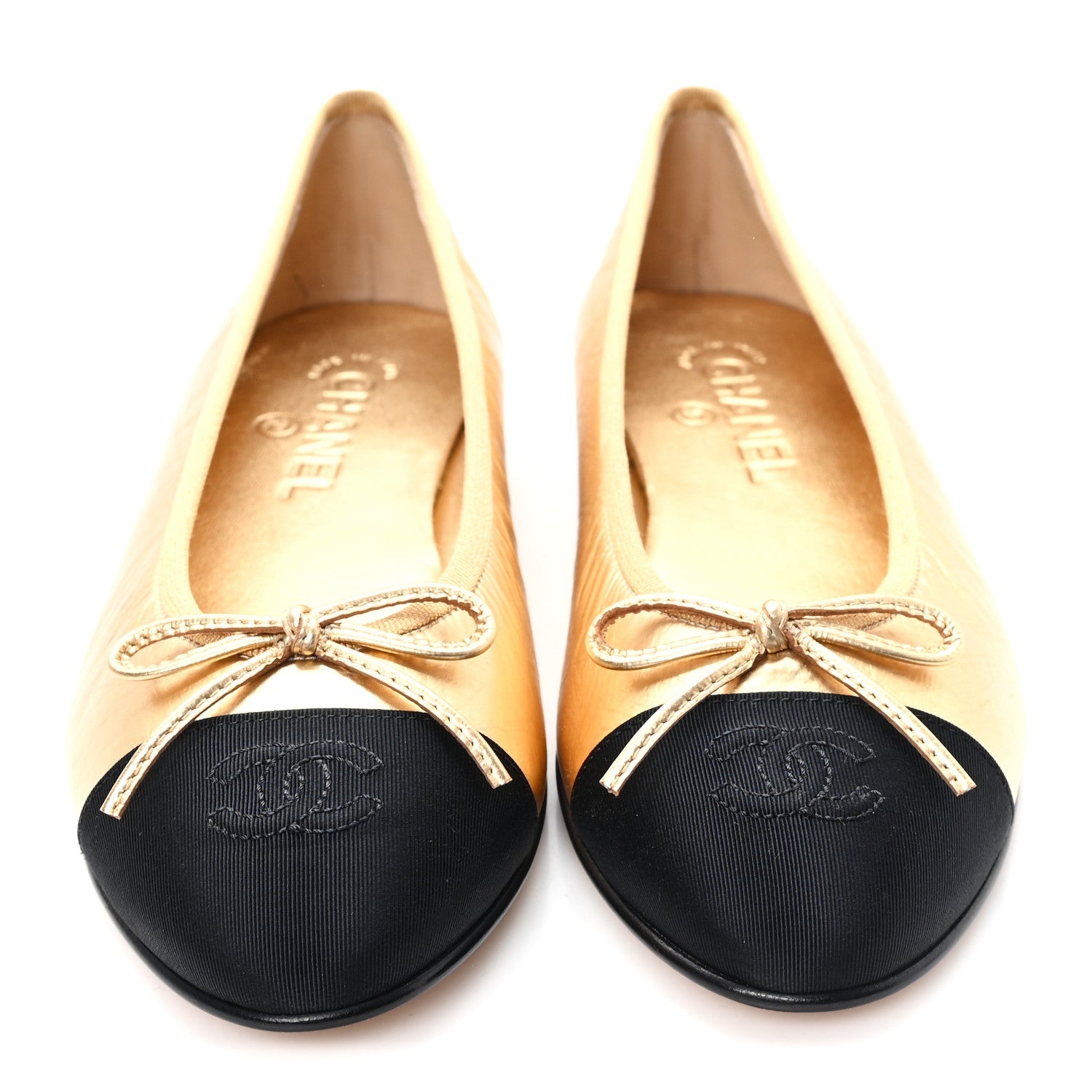 Chanel Laminated Lambskin Grosgrain Cap Toe CC Ballerina Flats 39.5 Dark Gold Black 3 of 10