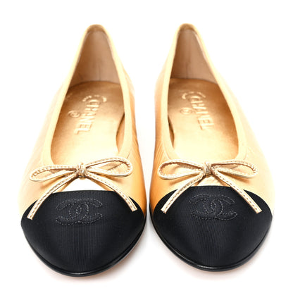 Chanel Laminated Lambskin Grosgrain Cap Toe CC Ballerina Flats 39.5 Dark Gold Black 3 of 10