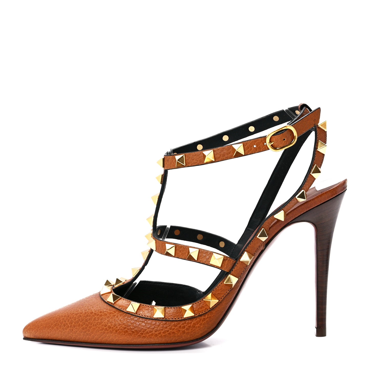 Pebbled Calfskin Rockstud Ankle Strap 100mm Pumps 39 Cuoio