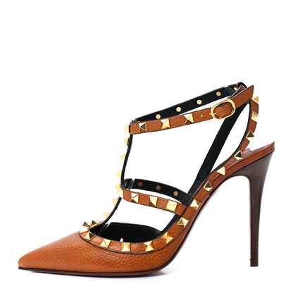 Valentino Garavani Pebbled Calfskin Rockstud Ankle Strap 100mm Pumps 39 Cuoio 1 of 9