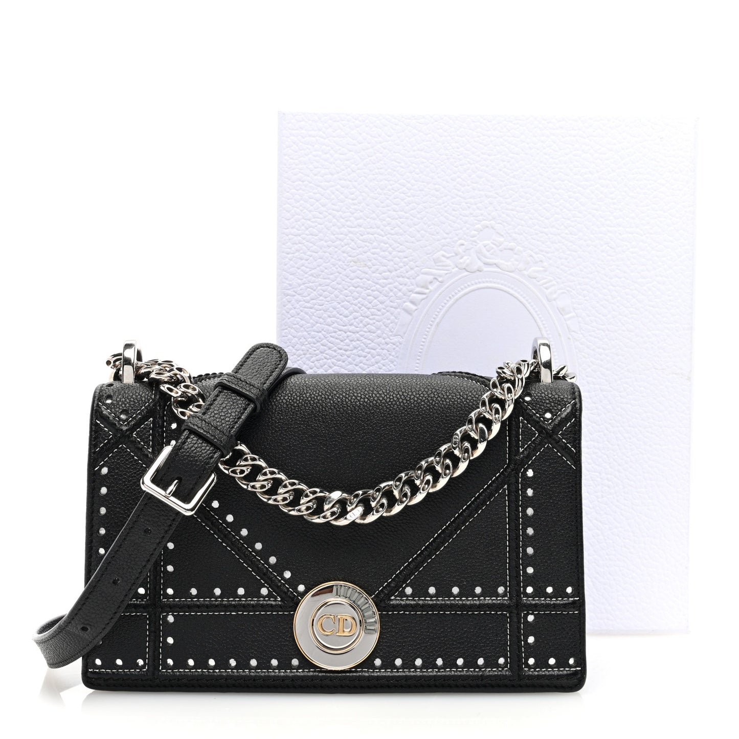 Grained Calfskin Perforated Diorama Flap Bag Black