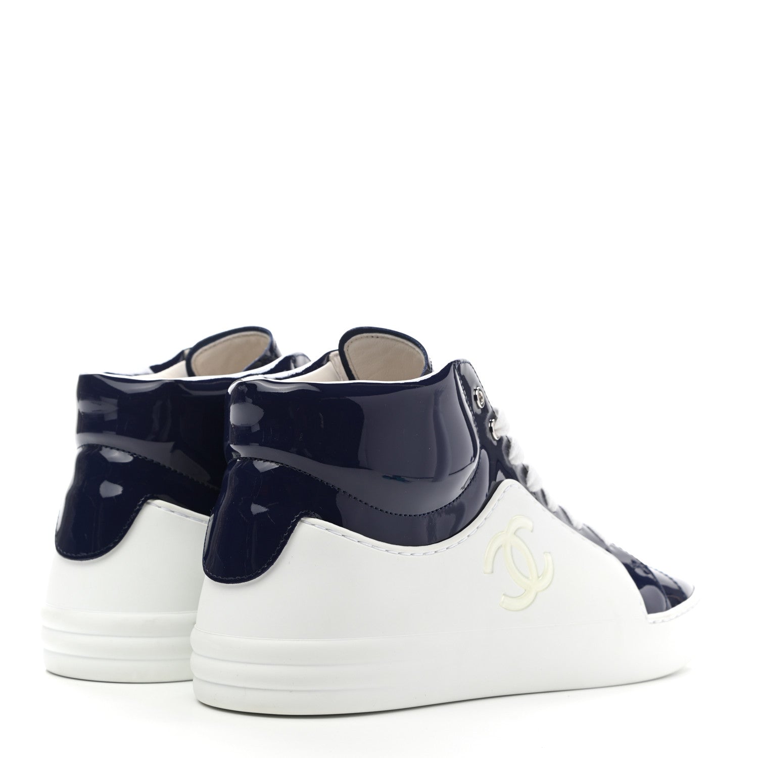 Chanel Patent Calfskin High Top CC Sneakers 38 Navy White 4 of 9