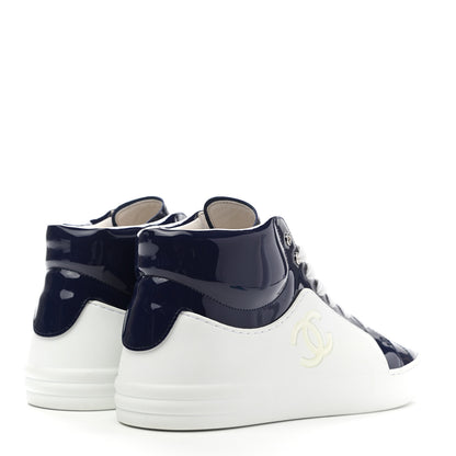 Chanel Patent Calfskin High Top CC Sneakers 38 Navy White 4 of 9