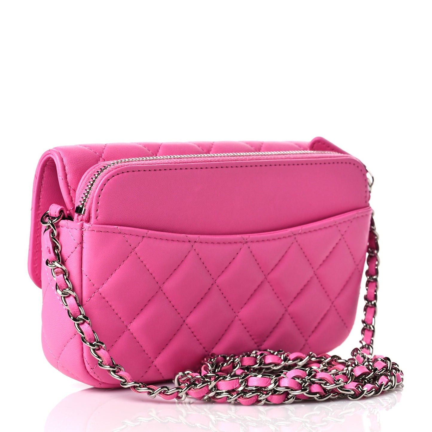 Lambskin Quilted Flap Phone Holder With Chain Neon Pink