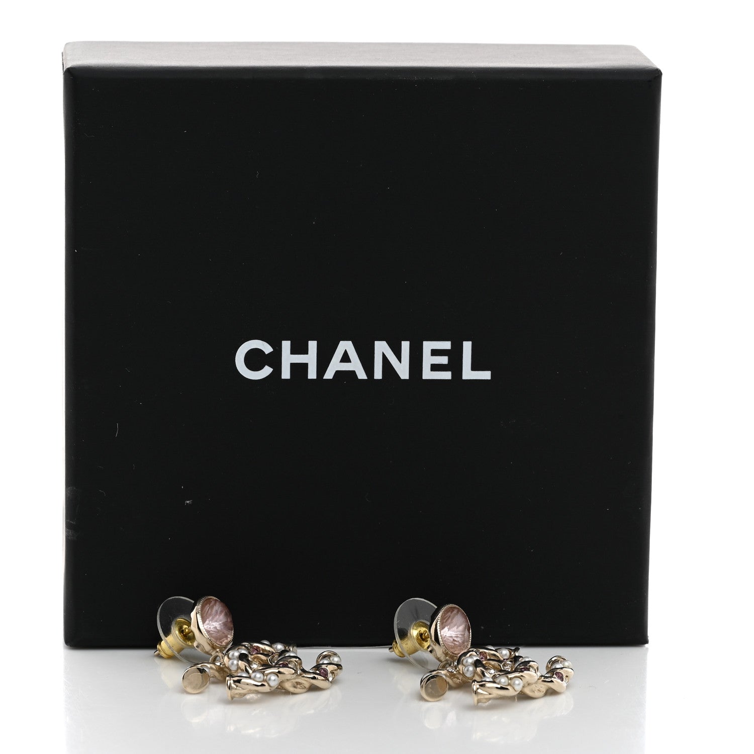 Chanel Crystal Pearl CC Drop Earrings Pink Gold 5 of 5