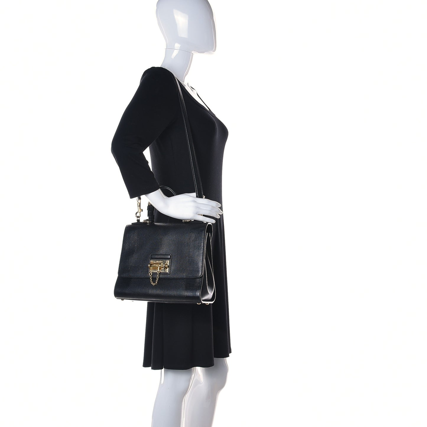 Lizard Calfskin Embossed Medium Monica Top Handle Bag Black