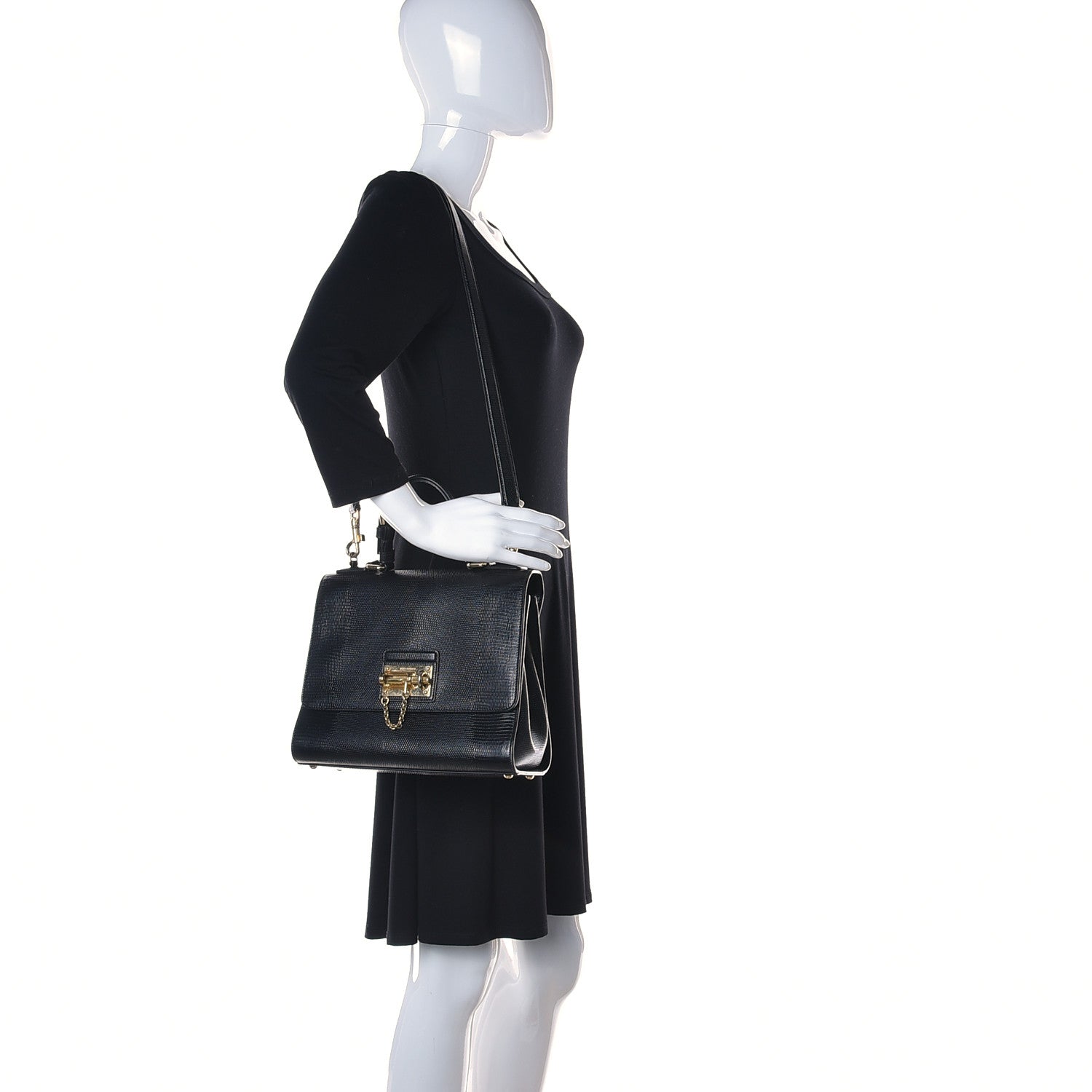 Dolce & Gabbana Lizard Calfskin Embossed Medium Monica Top Handle Bag Black 2 of 12