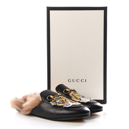 Gucci Calfskin Lambswool Tiger Embroidered Womens Princetown Slippers 37.5 Black 8 of 8