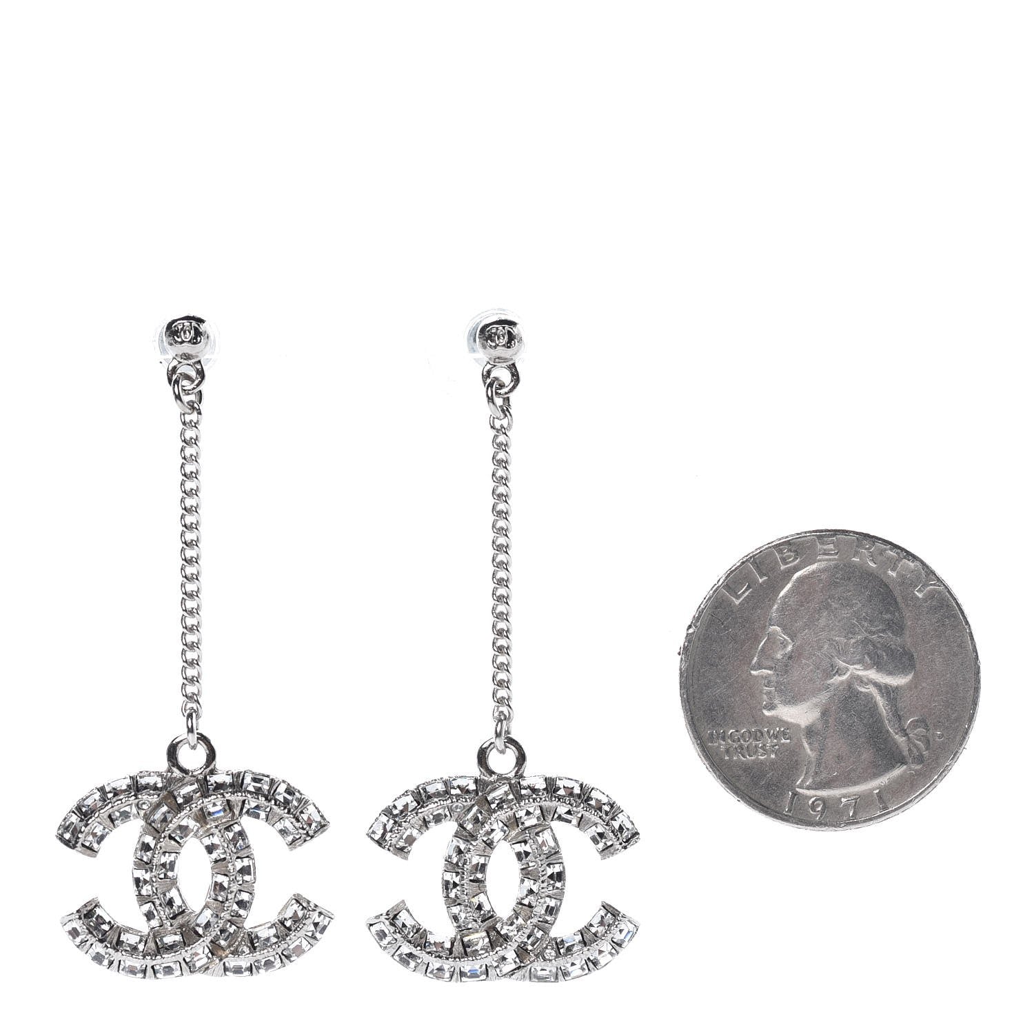 Chanel Baguette Crystal CC Drop Earrings Silver 2 of 5