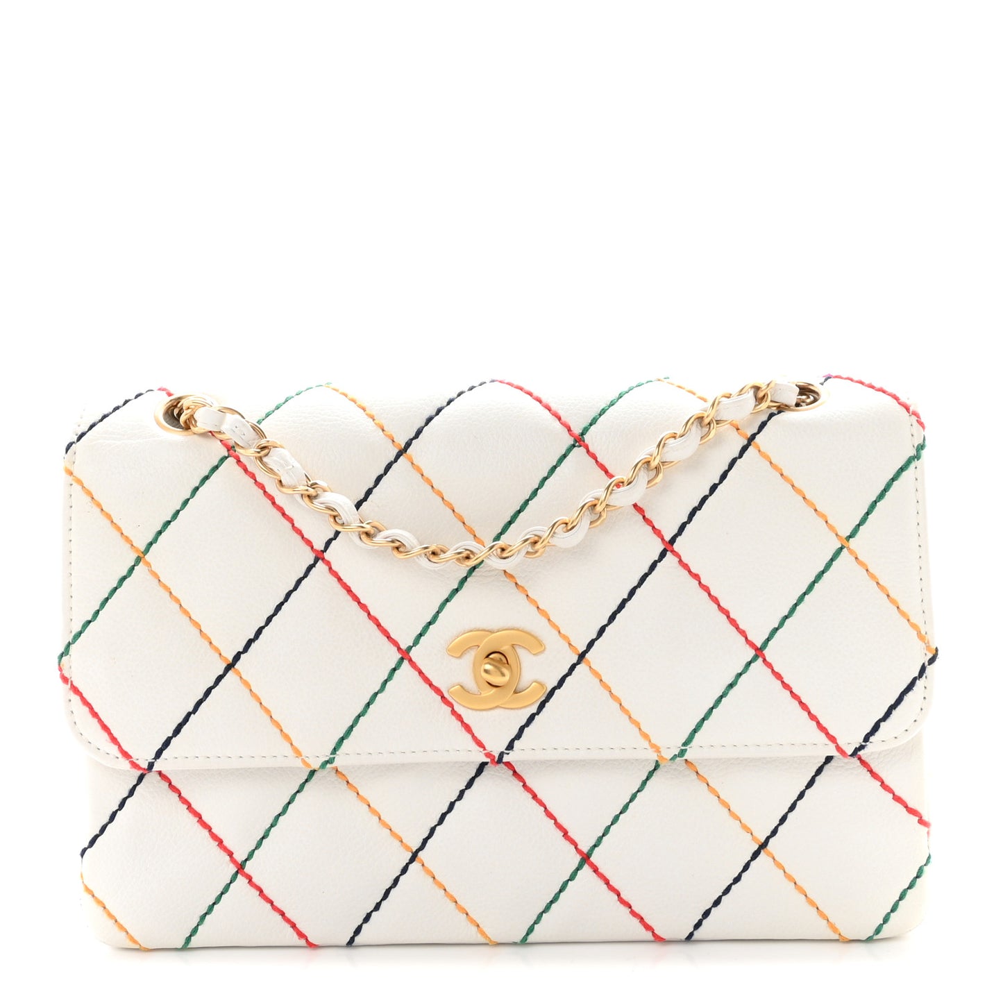 Calfskin Rainbow Stitched Medium Flap White Multicolor