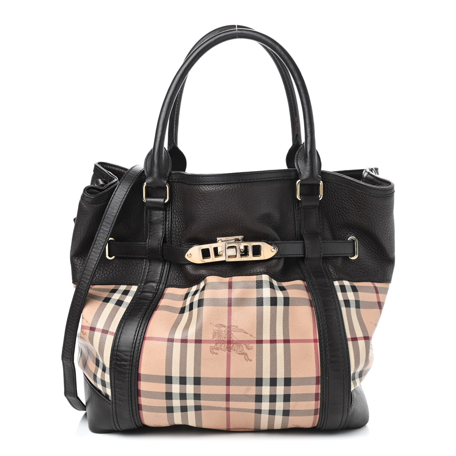 Burberry Grained Calfskin Haymarket Check Medium Golderton Tote Chocolate 1 of 8