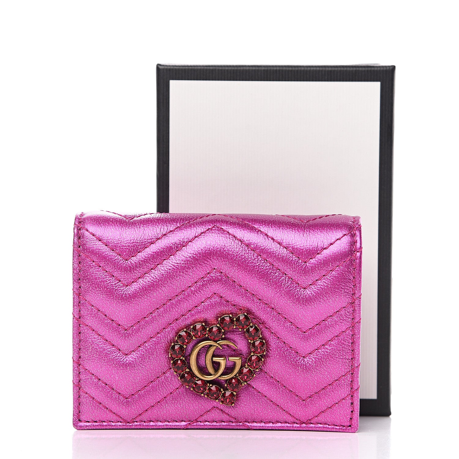 Gucci Metallic Calfskin Matelasse Crystal GG Marmont Wallet Fuchsia 8 of 8
