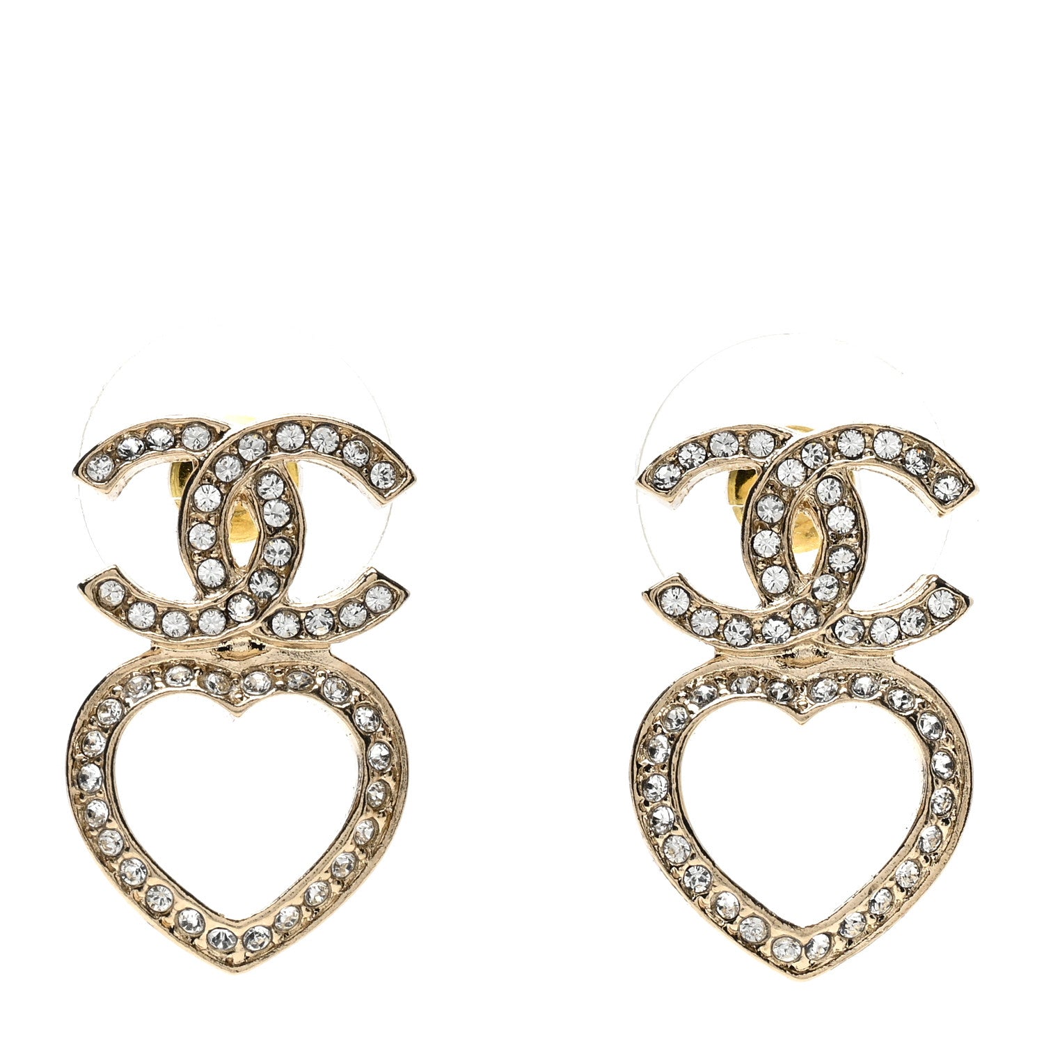 Chanel Metal Crystal CC Heart Drop Earrings Gold 1 of 4