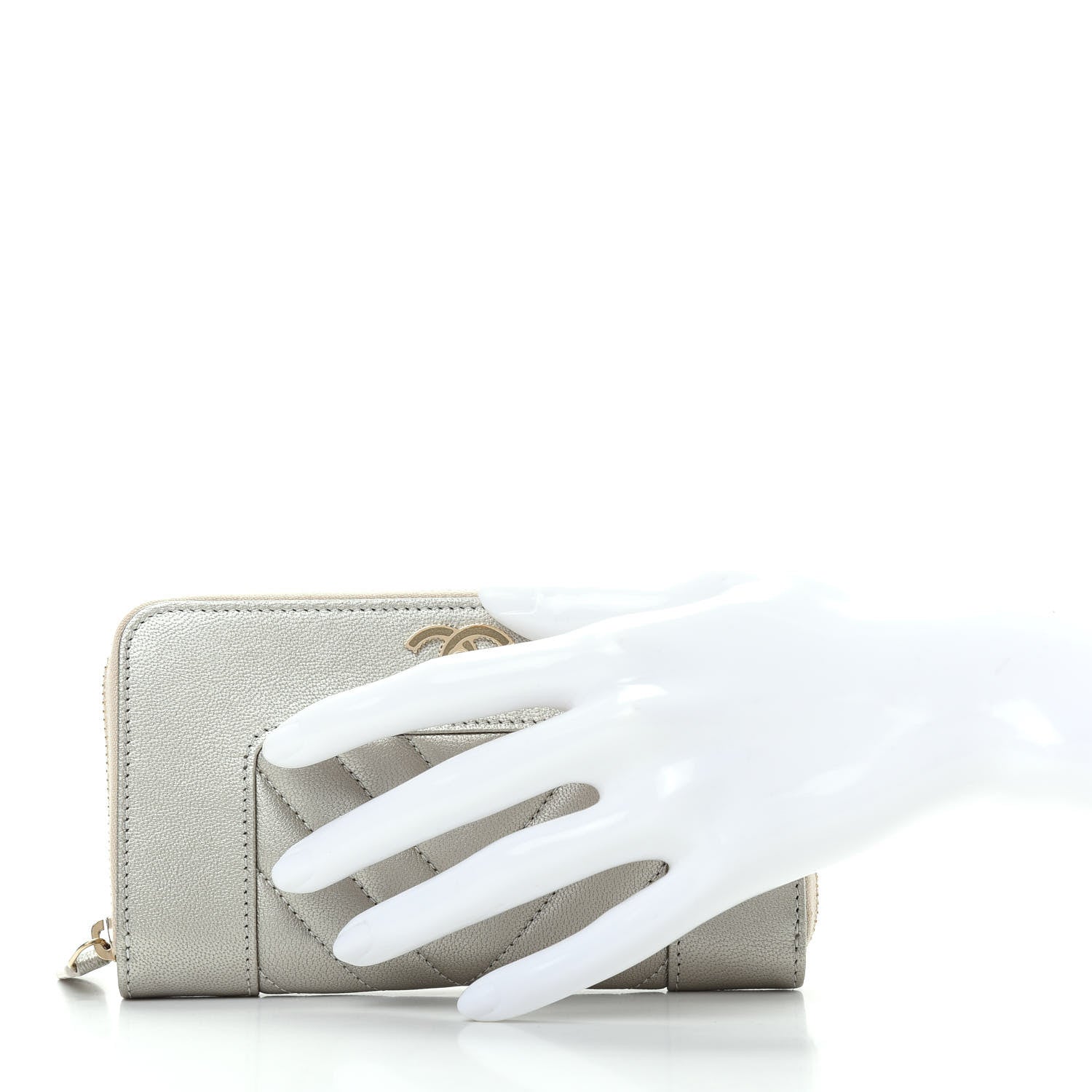 Chanel Metallic Sheepskin Chevron Quilted Medium Mademoiselle Vintage Zip Around Wallet Silver 2 of 9
