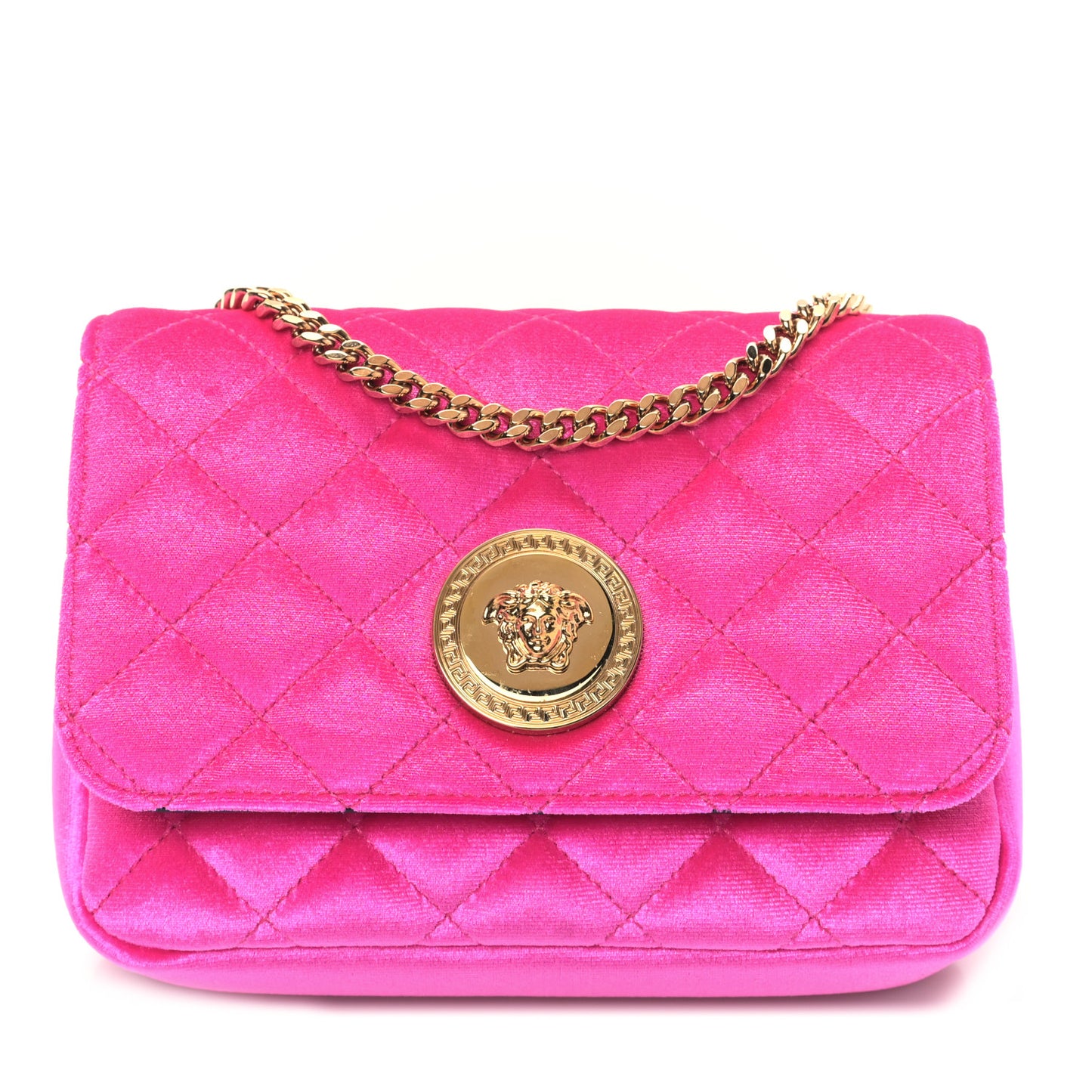 Velvet Quilted Medusa Chain Crossbody Pink