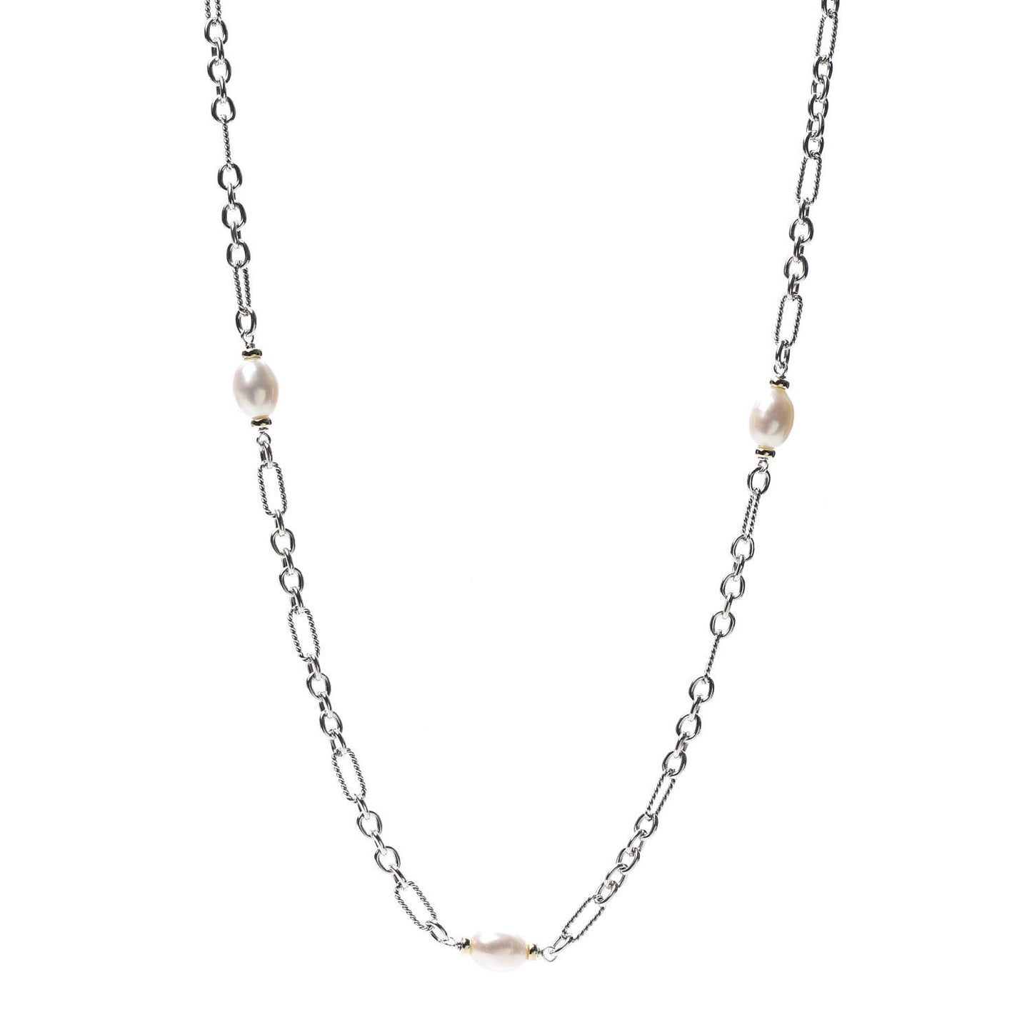 Sterling Silver 18K Yellow Gold Baroque Pearl Long Figaro Chain Necklace