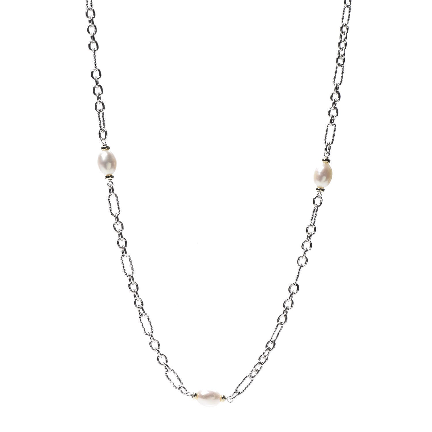 David Yurman Sterling Silver 18K Yellow Gold Baroque Pearl Long Figaro Chain Necklace 1 of 5