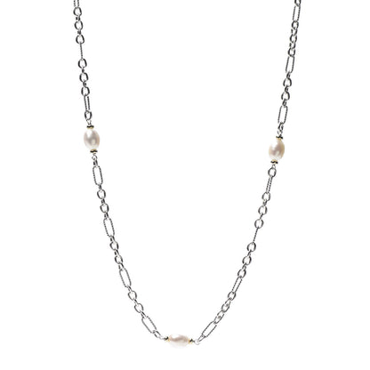 David Yurman Sterling Silver 18K Yellow Gold Baroque Pearl Long Figaro Chain Necklace 1 of 5