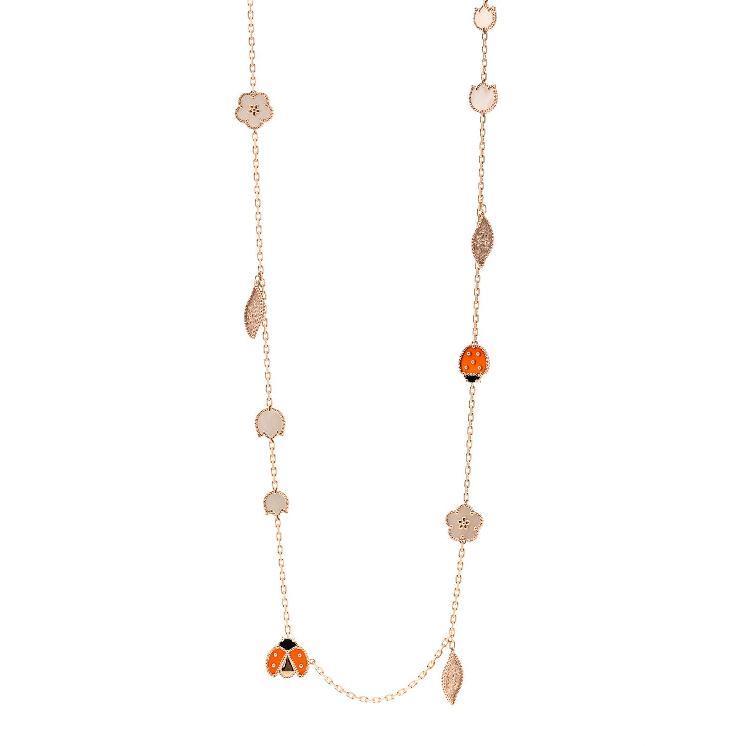 Van Cleef & Arpels 18K Rose Gold Mother of Pearl Carnelian Onyx 15 Motifs Lucky Spring Long Necklace 1 of 6