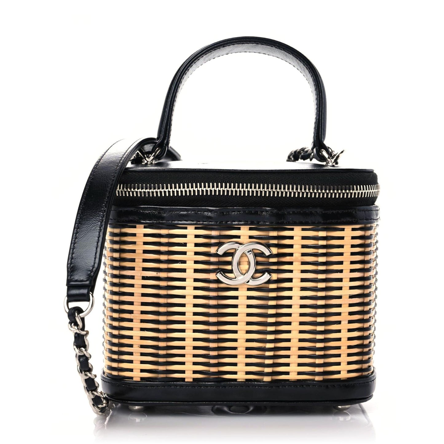 Calfskin Raffia Small Vanity Case Bag Black Beige