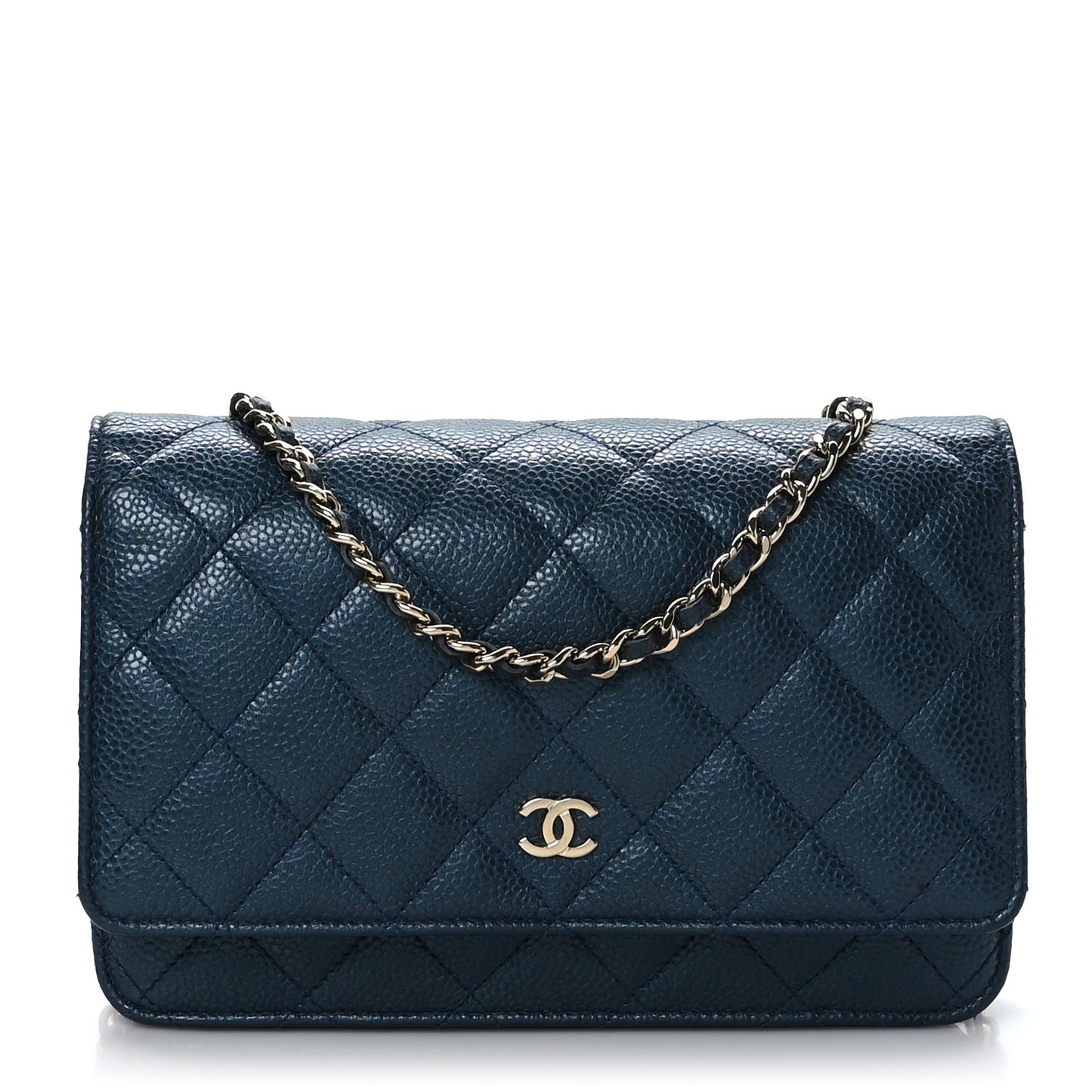 Iridescent Caviar Quilted Wallet on Chain WOC Blue