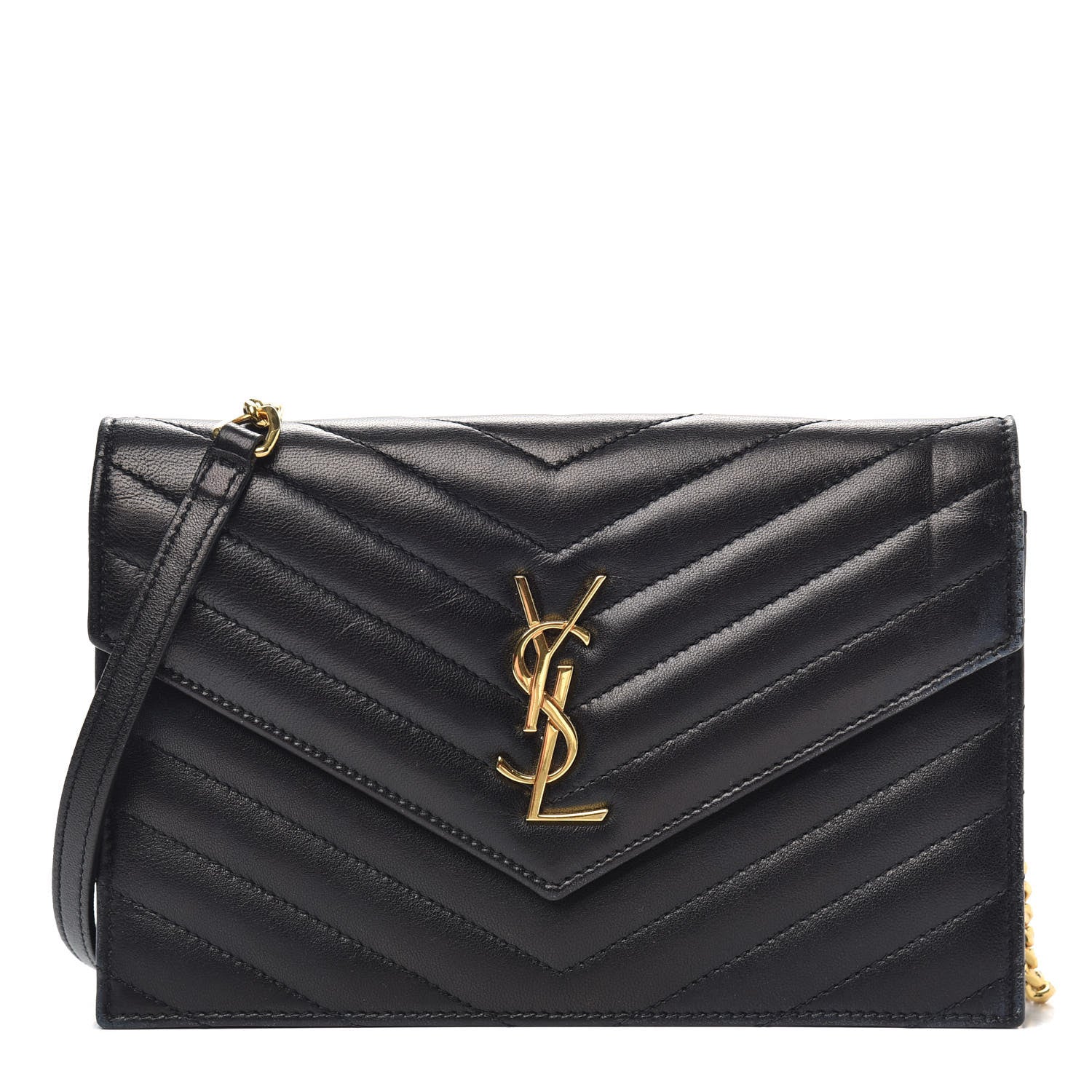 Saint Laurent Grain De Poudre Matelasse Chevron Monogram Envelope Chain Wallet Black 1 of 14