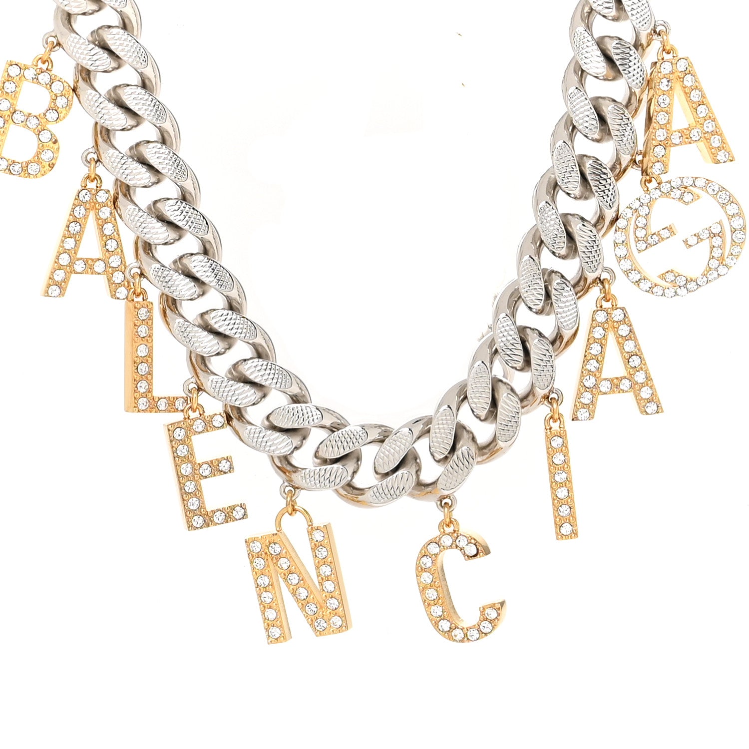 Gucci X BALENCIAGA Crystal Script Short Necklace Silver Gold 1 of 5