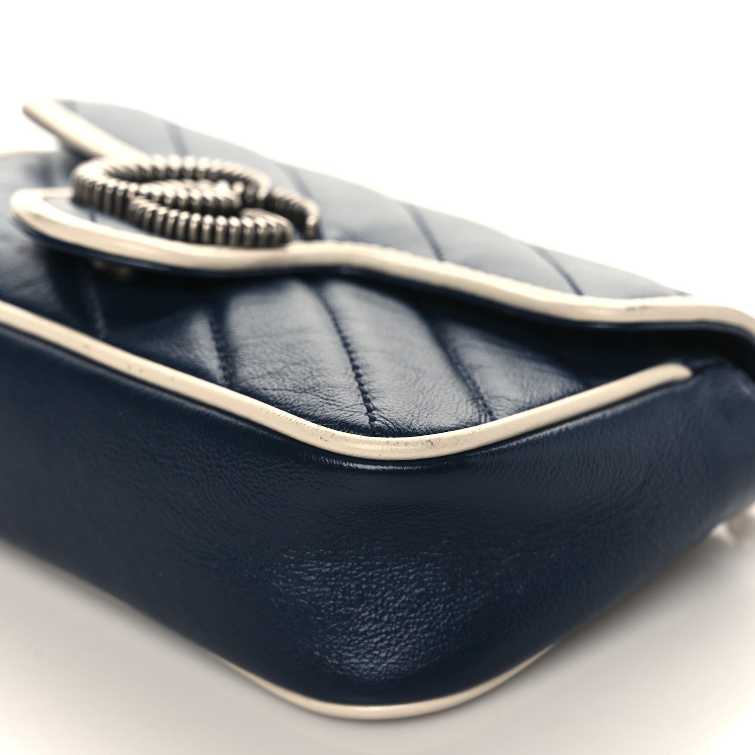 Gucci Vintage Effect Calfskin Matelasse Diagonal Super Mini Torchon GG Marmont Shoulder Bag Blue Agata Mystic White 9 of 13