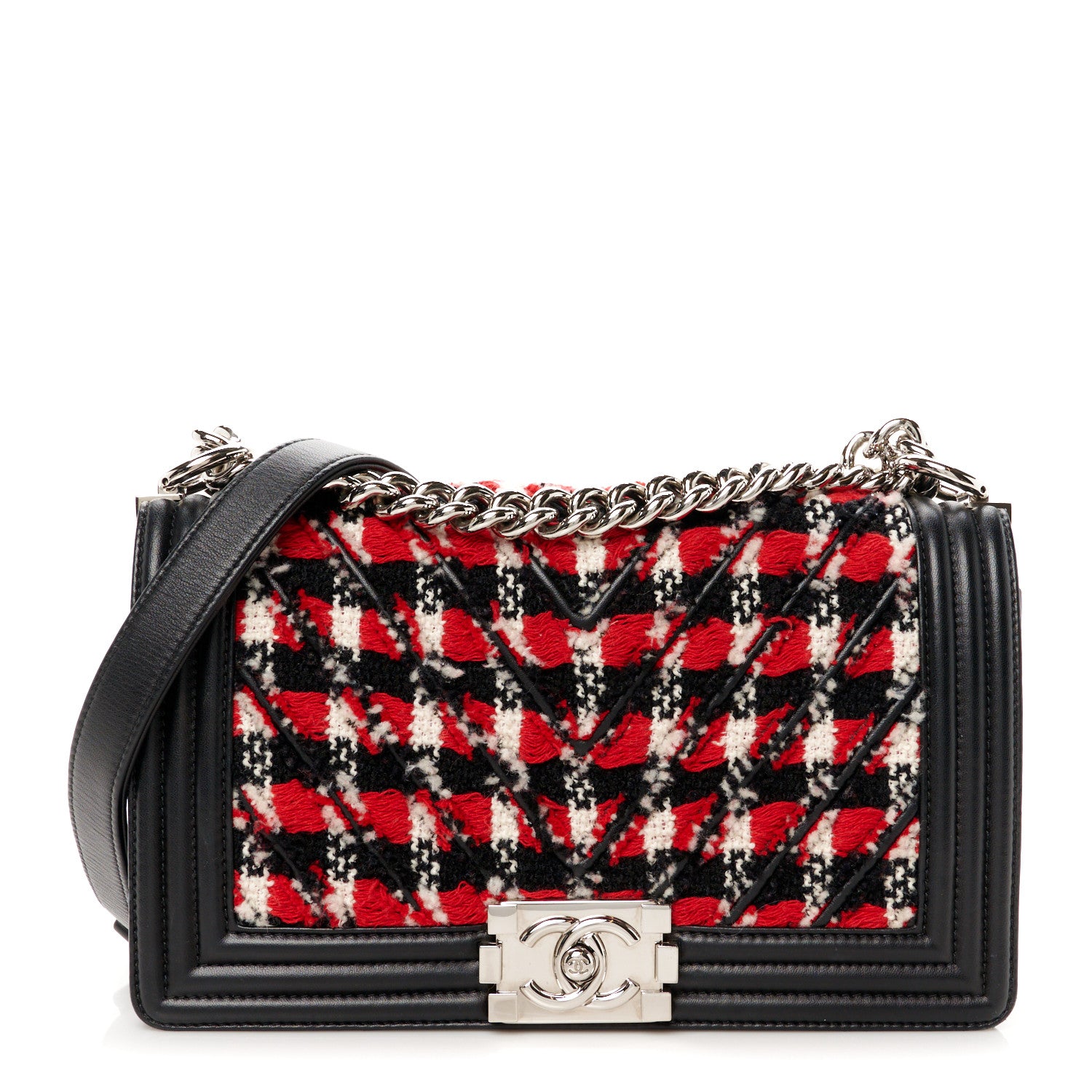 Chanel Lambskin Tweed Woven Medium Chevron Boy Flap Red White Black 1 of 10