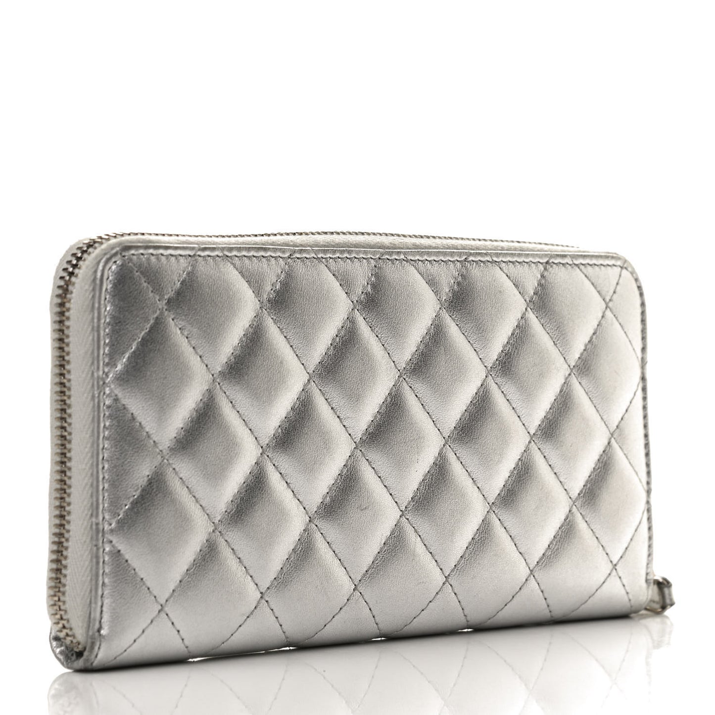 Metallic Lambskin Quilted Large Gusset Zip Around Wallet Silver