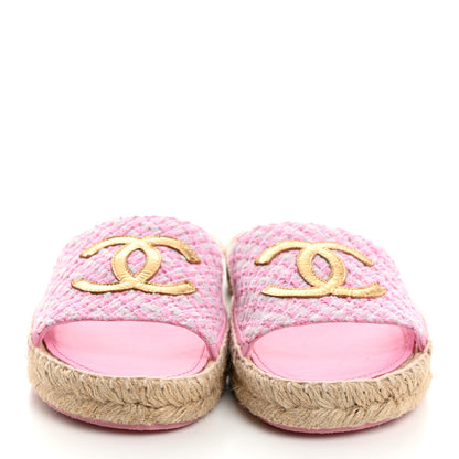Chanel Tweed Laminated Lambskin CC Slide Sandals 38 Light Pink Gold 2 of 9