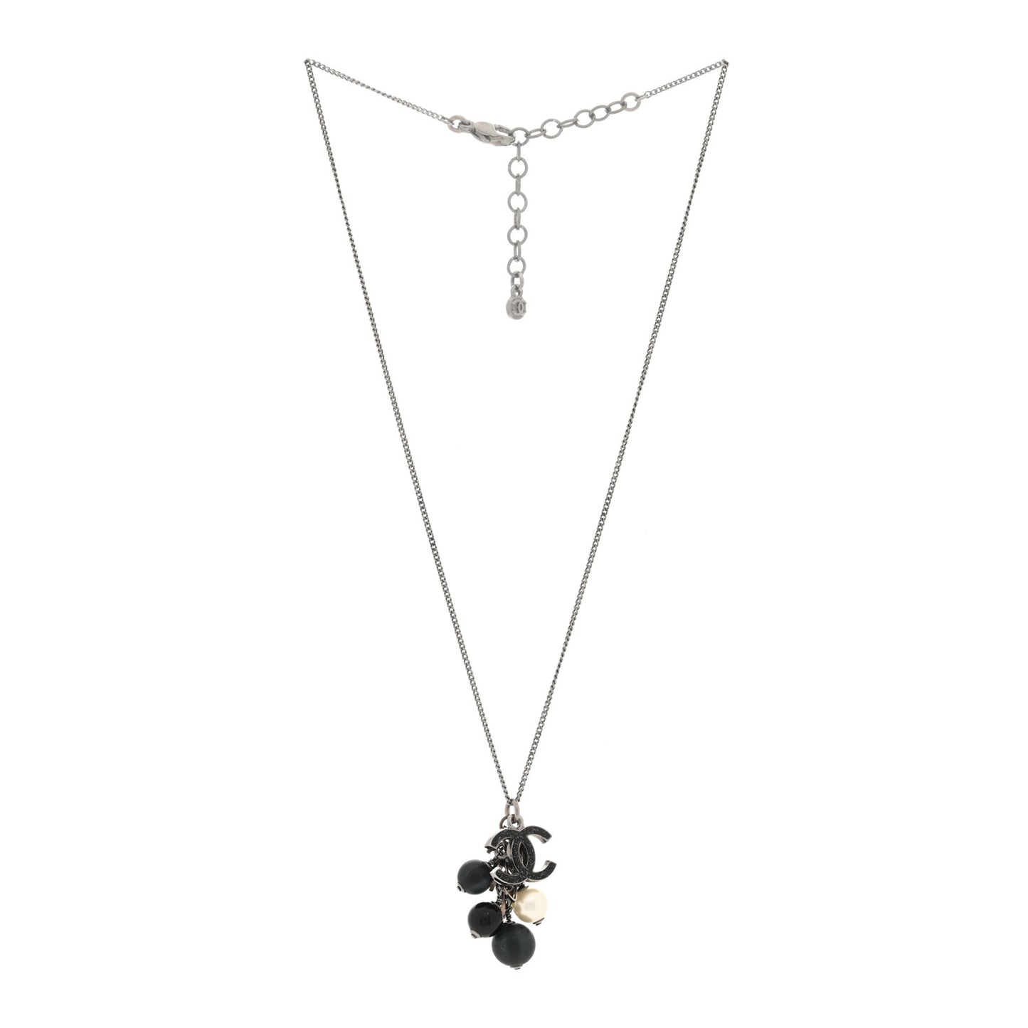 Iridescent Enamel Bead Pearl CC Drop Necklace Black Silver