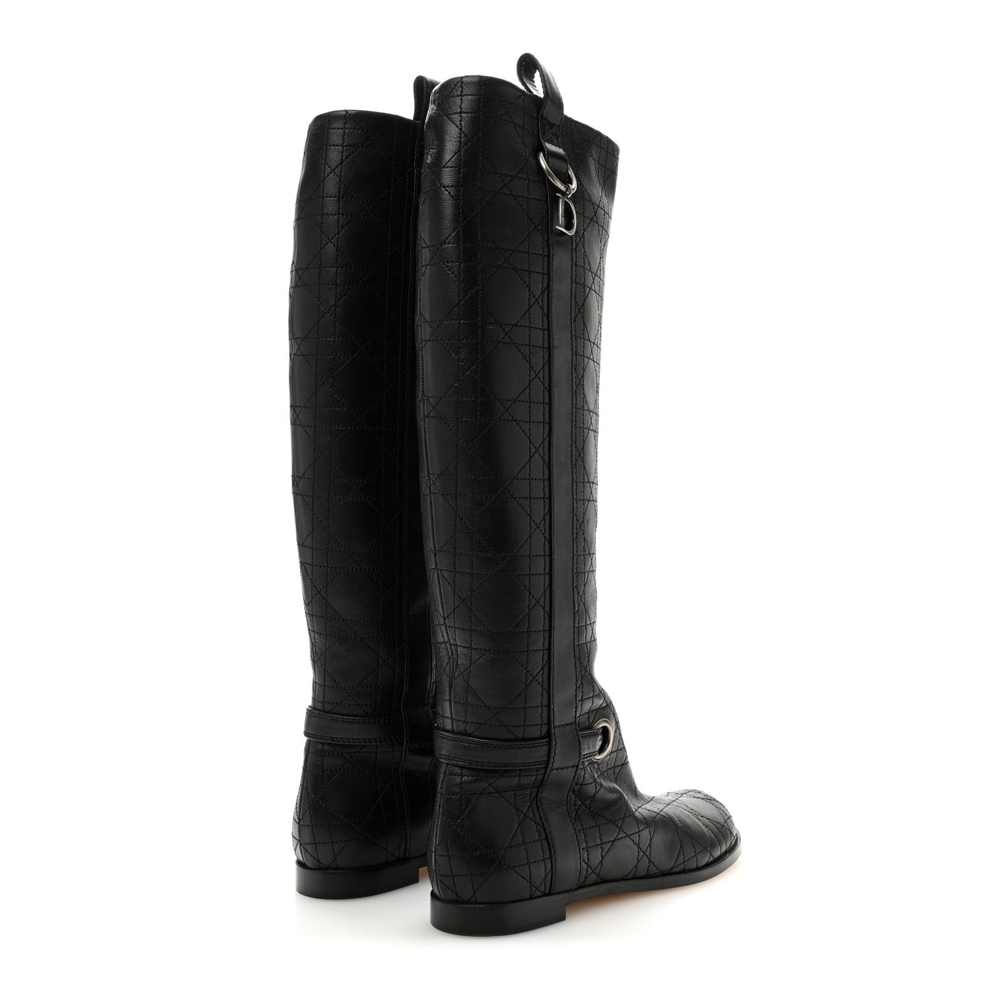Lambskin Cannage Tall Flat Boots 37.5 Black