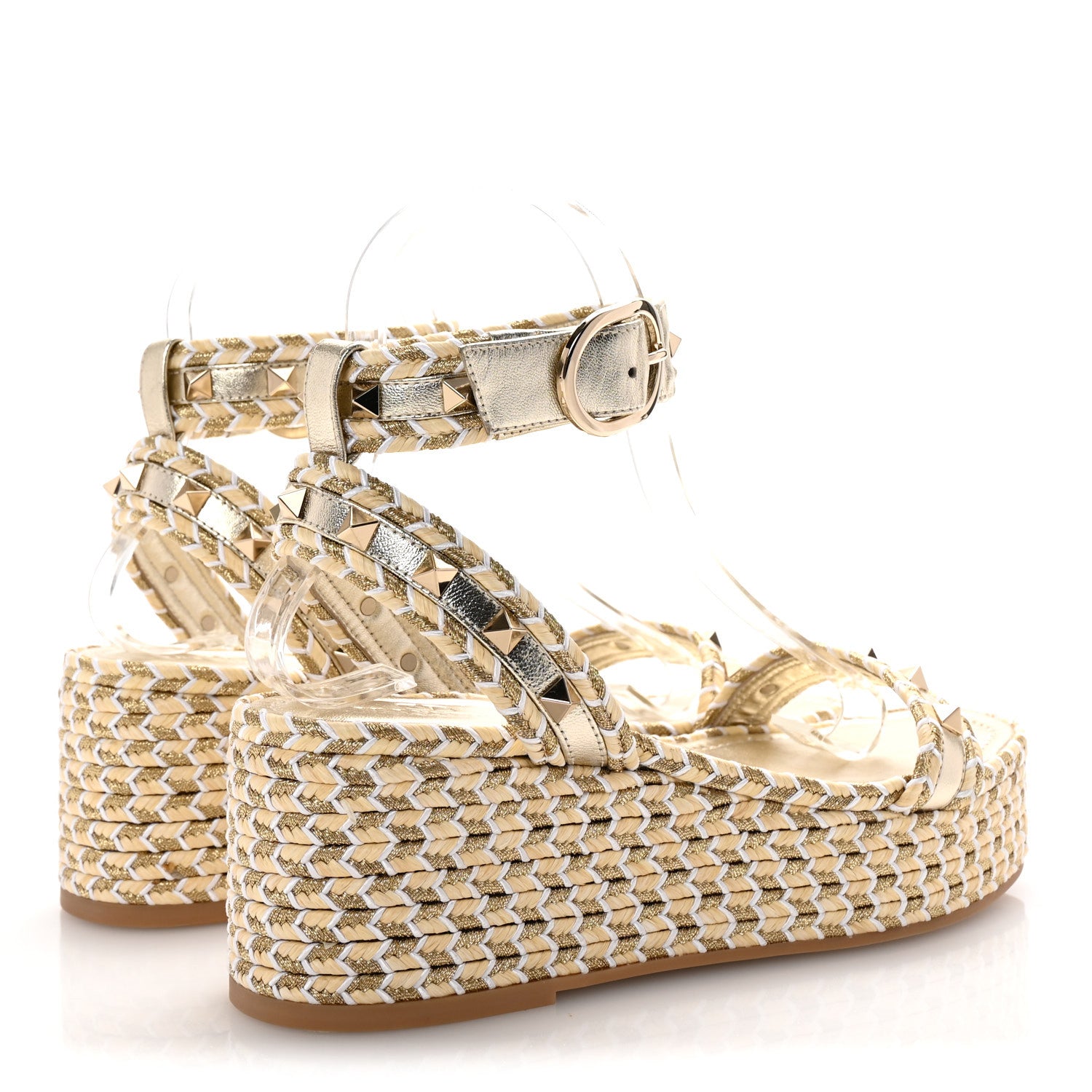 Valentino Garavani Laminated Nappa Rockstud Flatform Espadrille 45MM Sandals 36 Natural Ivory Gold Platinum 5 of 8