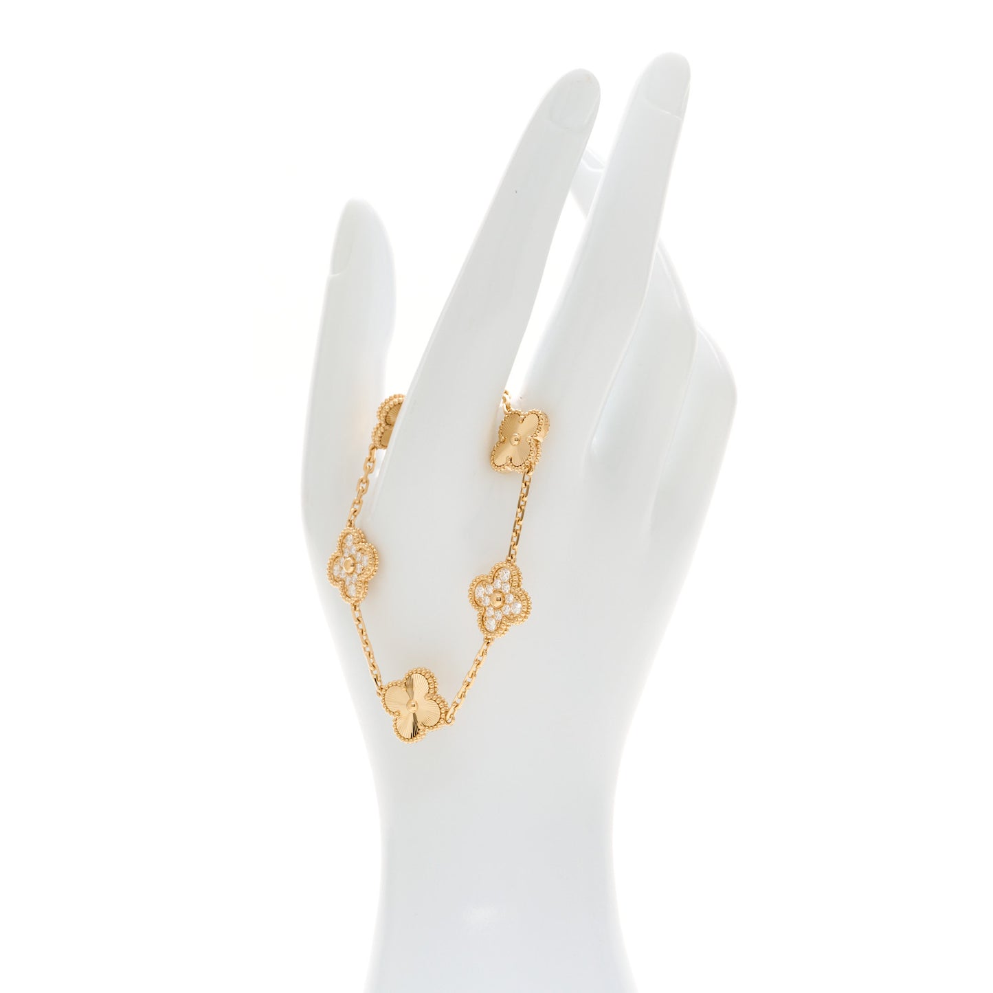 18K Yellow Gold Diamond 5 Motifs Guilloche Vintage Alhambra Bracelet
