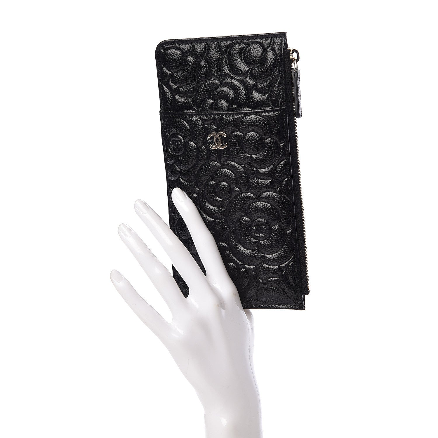 Chanel Caviar Camellia Embossed Classic Flat Wallet Pouch Black 2 of 8