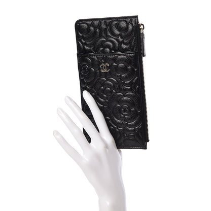 Chanel Caviar Camellia Embossed Classic Flat Wallet Pouch Black 2 of 8