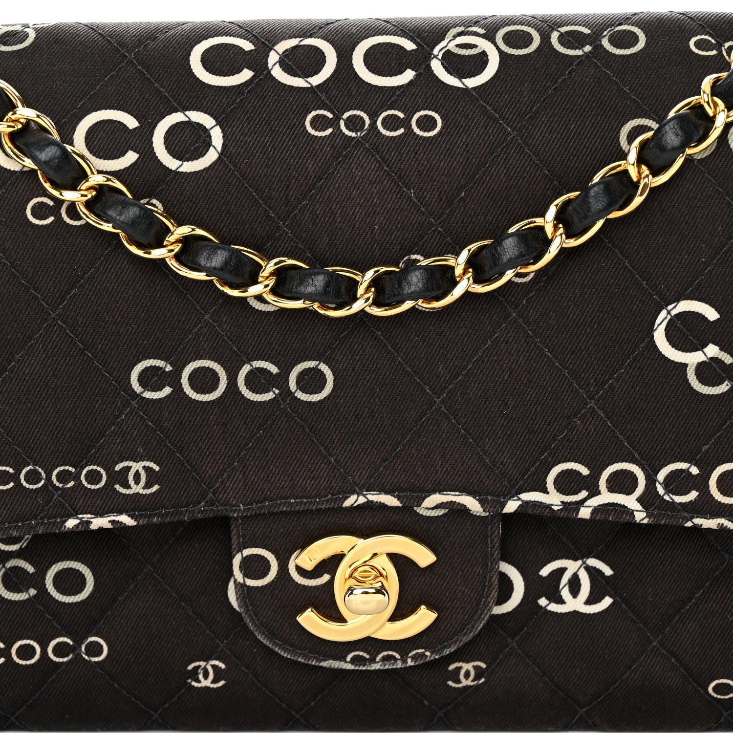Chanel Canvas Coco Printed Quilted Medium Double Flap Black White 8 of 12